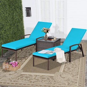 2-Pieces Wicker Outdoor Chaise Lounge Chair Back Adjustable Recliner Chaise with Turquoise Cushion