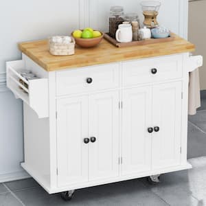 Solid Wood Top 43.31 in. White Kitchen Island Cart with 4 Doors 2 Drawers and Locking Wheels