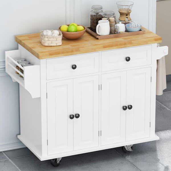 FUNKOL Solid Wood Top 43.31 in. White Kitchen Island Cart with 4 Doors 2 Drawers and Locking Wheels