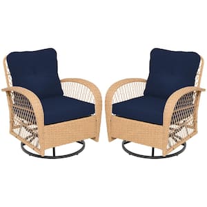 2--Piece Beige Wicker 360° Swivel Outdoor Rocking Chair with Navy Blue Cushion