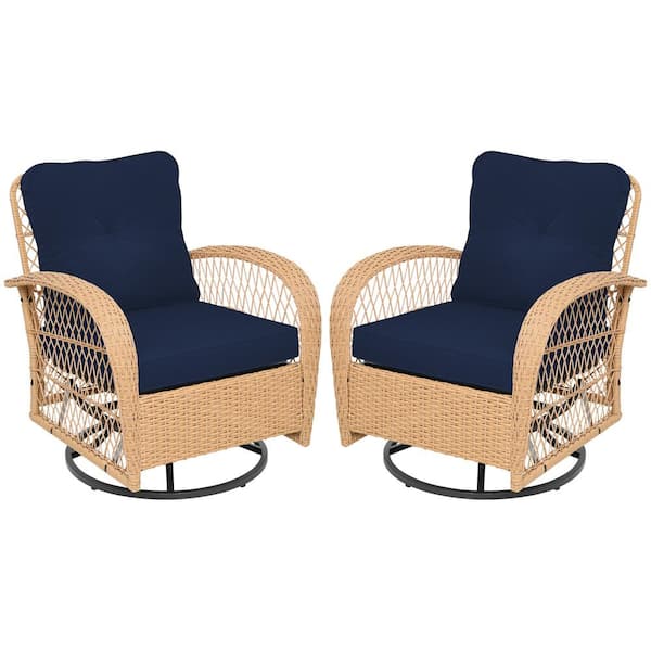 PATIOGUARDER 2--Piece Beige Wicker 360° Swivel Outdoor Rocking Chair with Navy Blue Cushion