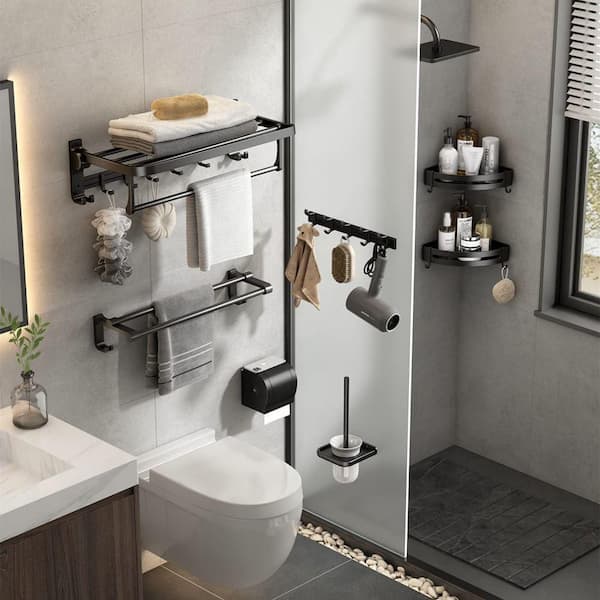 Dracelo 24 in. Wall-Mounted Aluminum Towel Rack with Towel Bar Holder  Foldable Towel Shelf and Movable Hooks in Matte Black B0974MJD39 The Home  Depot
