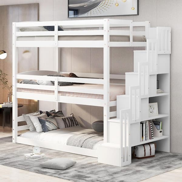 White Twin Size Triple Bunk Bed with Storage Staircase