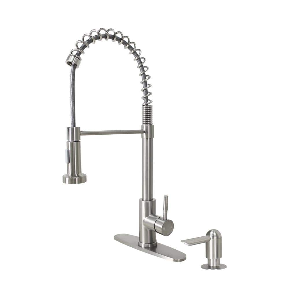 WASSERMAN FAUCETS Single Handle Pull-Down Kitchen Faucet with Spring Neck Dual Sprayer and Soap Dispenser in Stainless Steel