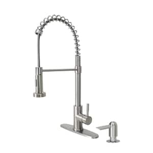 Single Handle Pull-Down Kitchen Faucet with Spring Neck Dual Sprayer and Soap Dispenser in Stainless Steel