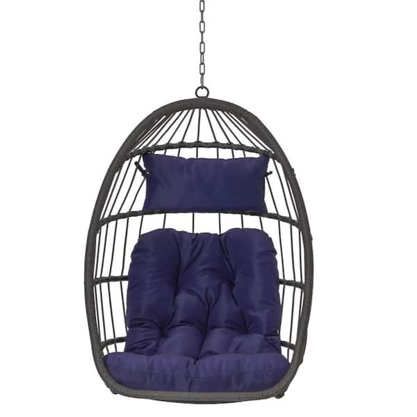 Angel Sar 1-Person Gray Frame Wicker Porch Swing Egg Chair Hanging Chair with Dark Blue Cushions