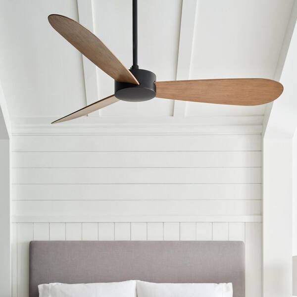 Generation Lighting - Paddle Smart 52 in. Indoor/Outdoor Midnight Black Downrod Mount Standard Ceiling Fan with Remote Included and Oak Blades