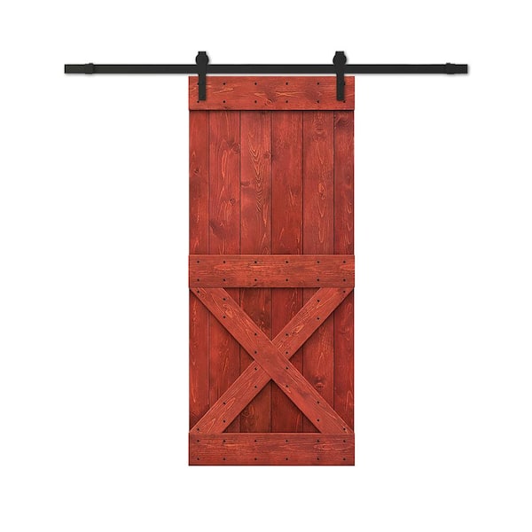 CALHOME 28 in. x 84 in. Mini Cherry Red Stained DIY Wood Interior Sliding Barn Door with Hardware Kit