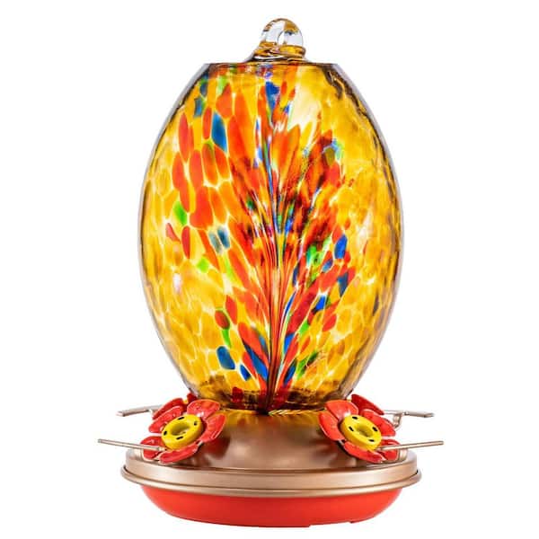 27 oz. Outdoor Glass Hummingbird Feeder, Includes Ant Moat and Brush, Unique Gift for Mom Women, Amber Fireworks