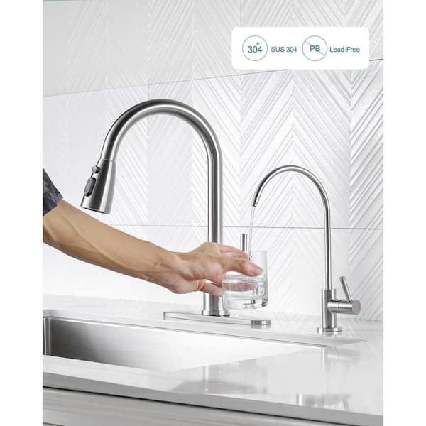 Single Handle Pull Down Sprayer Kitchen Faucet with Water Filter Faucet Stainless Steel in Brushed Nickel