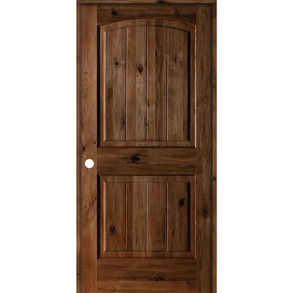 32 in. x 80 in. Knotty Alder 2 Panel Right-Hand Arch V-Groove Provincial Stain Solid Wood Single Prehung Interior Door
