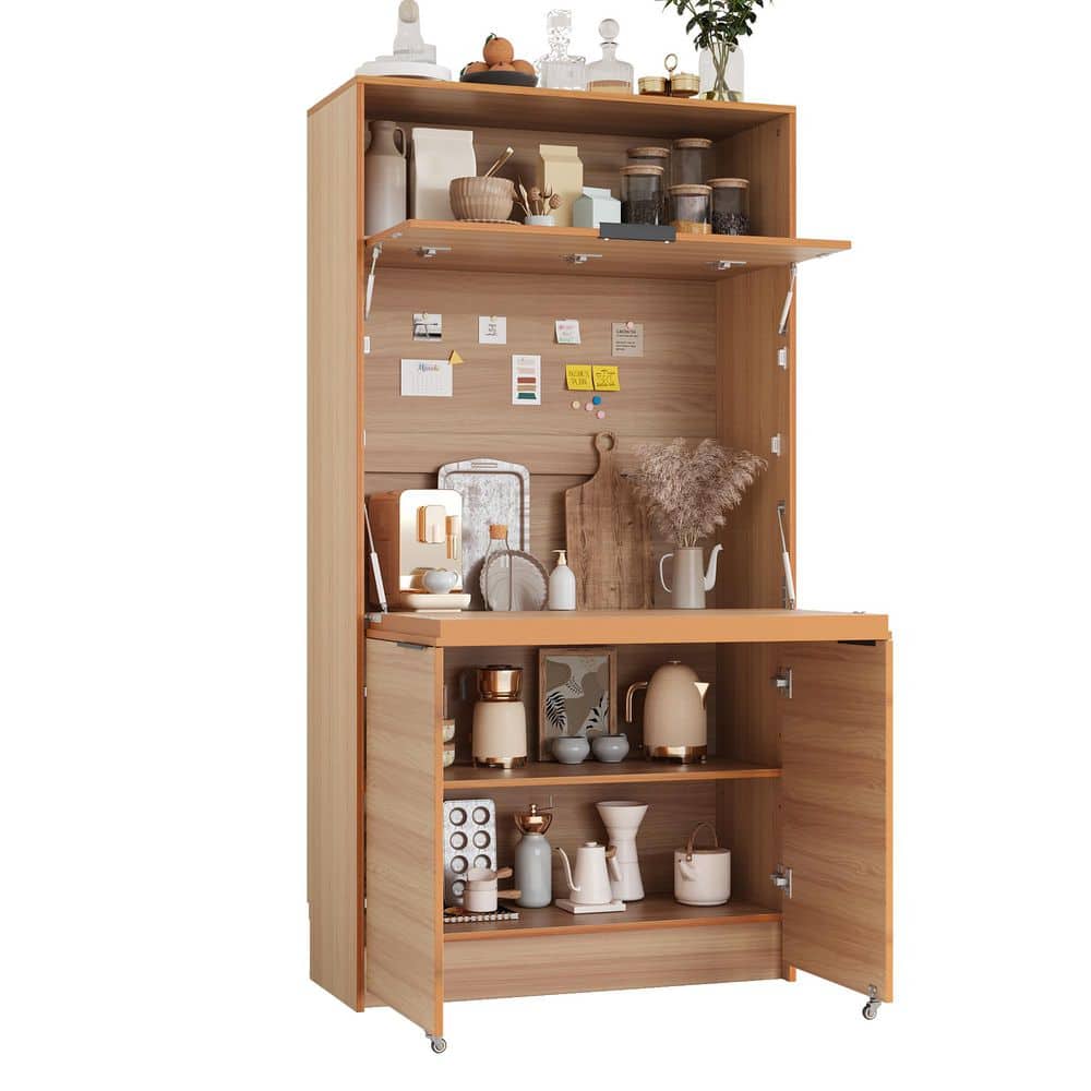 Ryclen 69. in H Natural Wood Pantry Organizer with Hutch and Foldable Workstation price history on PriceWatchPro