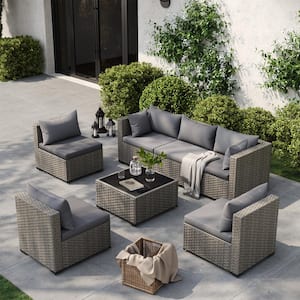 7-Piece Wicker Outdoor Patio Conversation Sofa Set, with Gray Cushions, is Perfect for Casual Gatherings