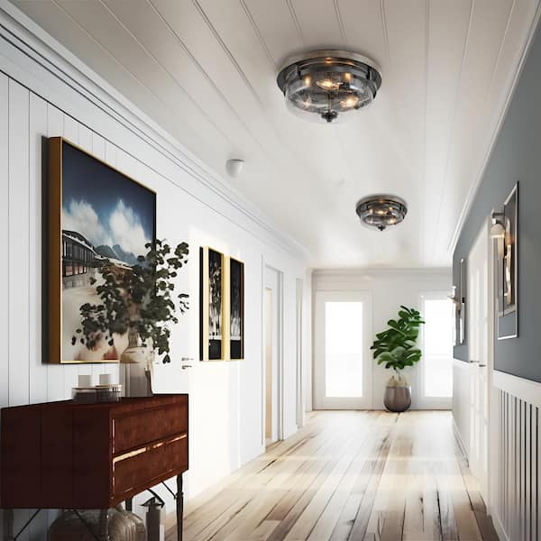 13.5 in. 3-Light Bronze Flush Mount Ceiling Light with Drum Clear Seeded Glass Shade and Round Faux Aged Wood Plate