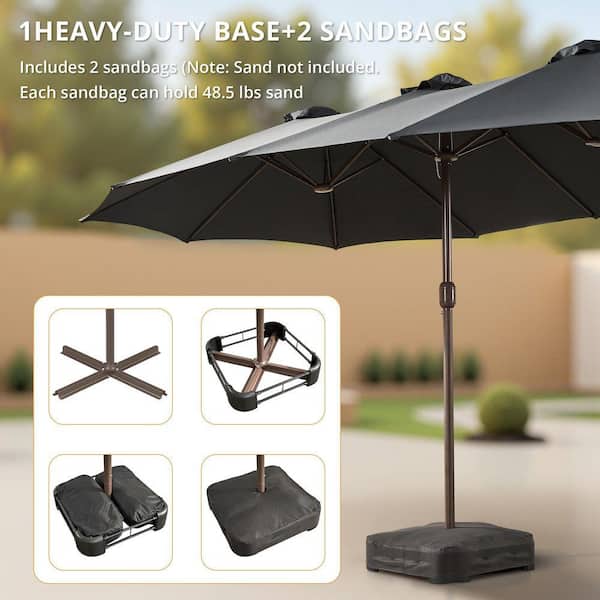 Toject 15 ft. x 9 ft. Rectangular Metal Double-sided Market Patio Umbrella with Base and Crank in Dark Gray