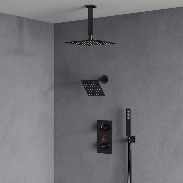 EVERSTEIN 3-spray Dual Shower Head and Handheld Shower Head with LCD Temperature Display in Matte Black(Valve Included)