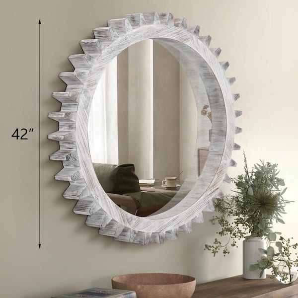 42 in. W x 42 in. H Round Framed Floating Wall Bathroom Vanity Mirror in Antiqued White Solid Wood