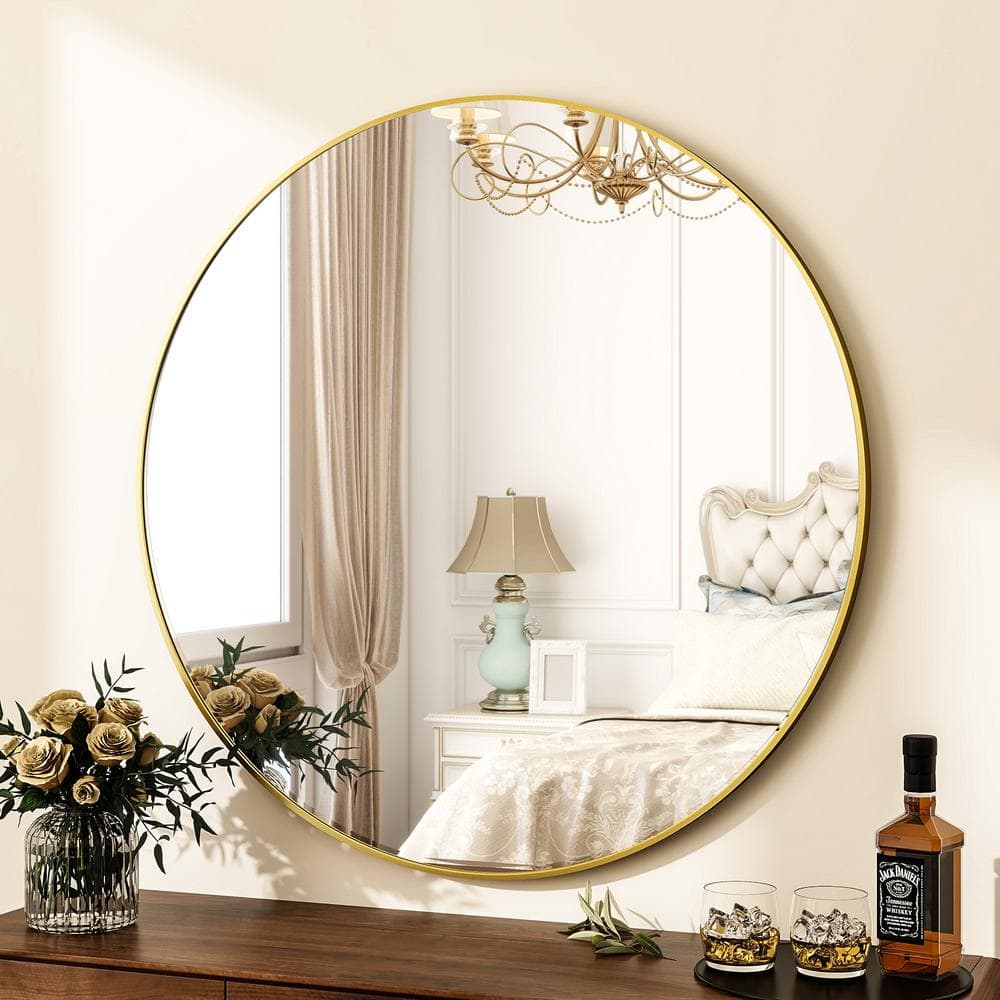 XRAMFY 35.4 in. W x 35.4 in. H Round Gold Aluminum Alloy Framed Wall Mirror  RM354GD - The Home Depot