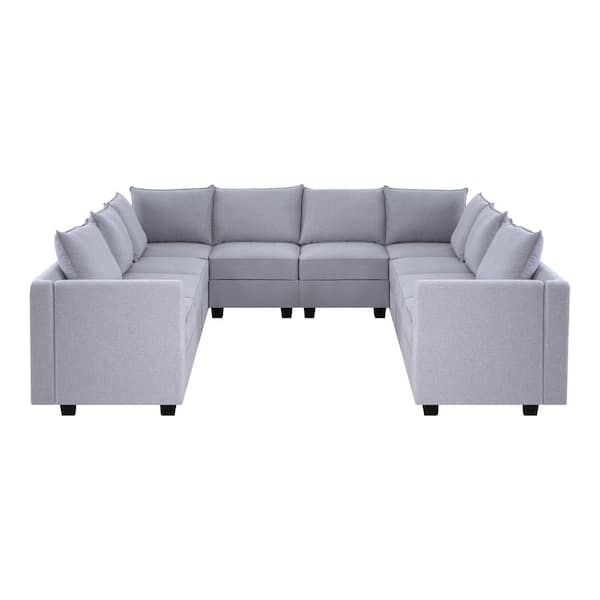 HOMESTOCK 164.38 in Modern 10-Seater Upholstered Sectional Sofa - Gray Linen - Sofa Couch for Living Room/Office