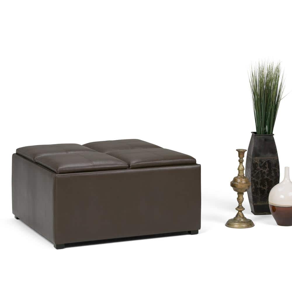 Chocolate Brown Tufted Faux Leather Storage Ottoman with Trays