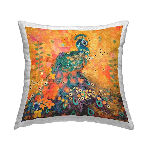 Peacock Abstract Pattern Orange Square Outdoor Throw Pillow