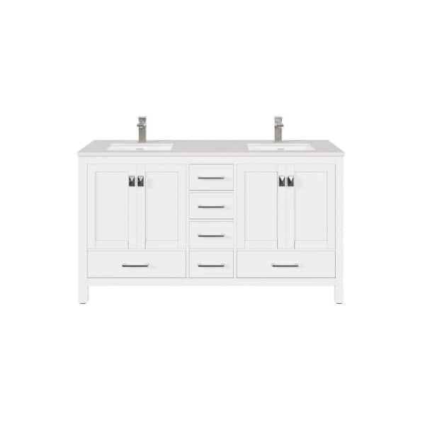 London 60 in. Double Sink White Bath Vanity with White Carrara Quartz Top (Assembled)