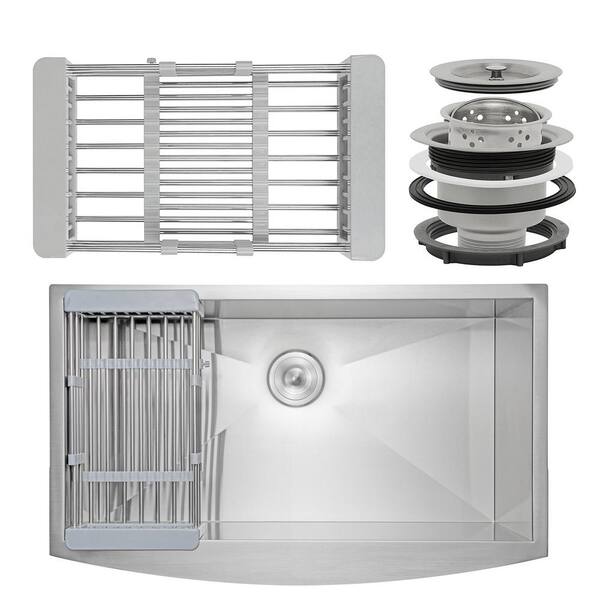 AKDY Handmade Farmhouse Stainless Steel 33 in. x 20 in. Single Bowl Kitchen Sink with Drying Rack