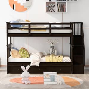 Espresso Stairway Twin-Over-Twin Bunk Bed with Three Drawers, Sturdy Wood Kid Bunk Bed Frame With Staircases