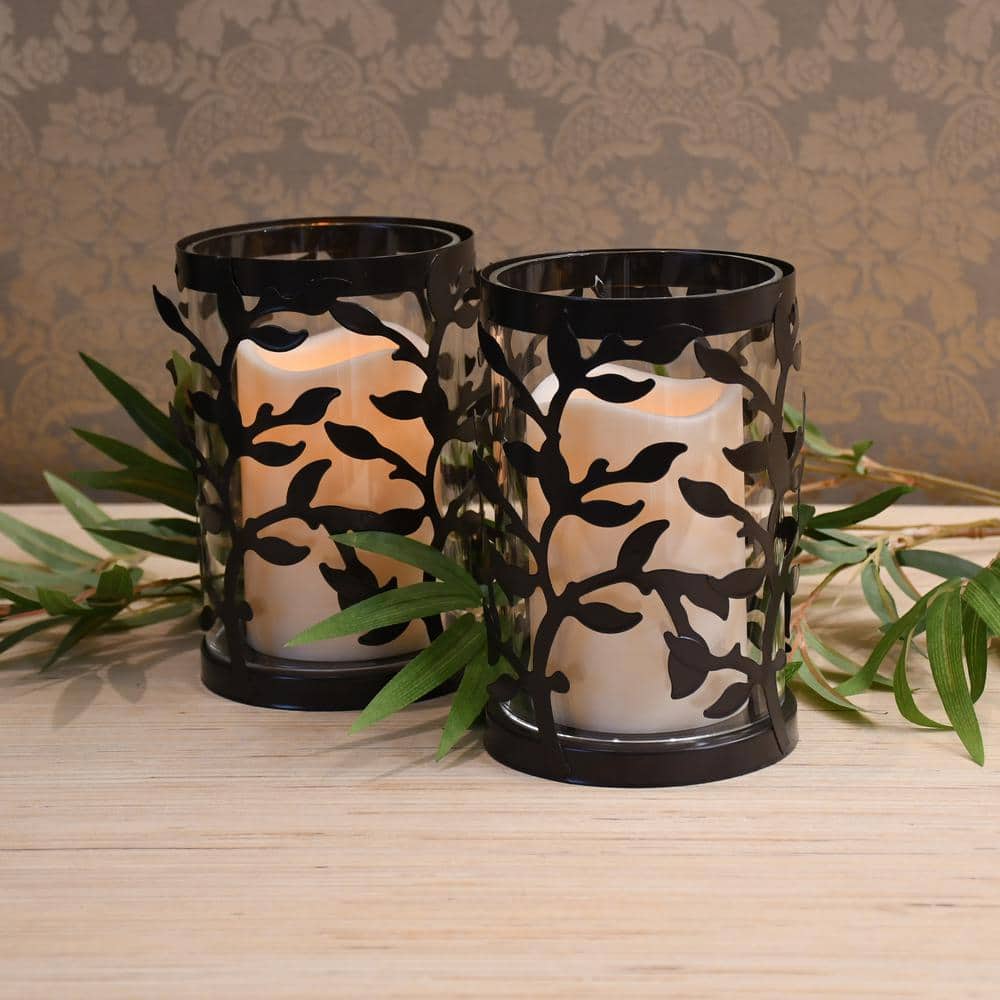 Black Vine Metal and Glass LED Flameless Pillar Candles Set of 2