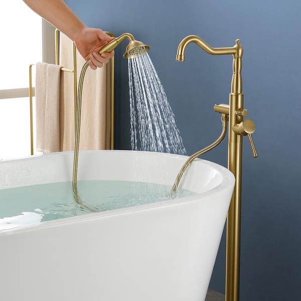 Modern Style Floor Mounted Tub Shower Faucets Unique Design Single Handle  Brass Tub Filler Home Bathroom Free Standing Bathtub Shower Taps, Gold  Finish 