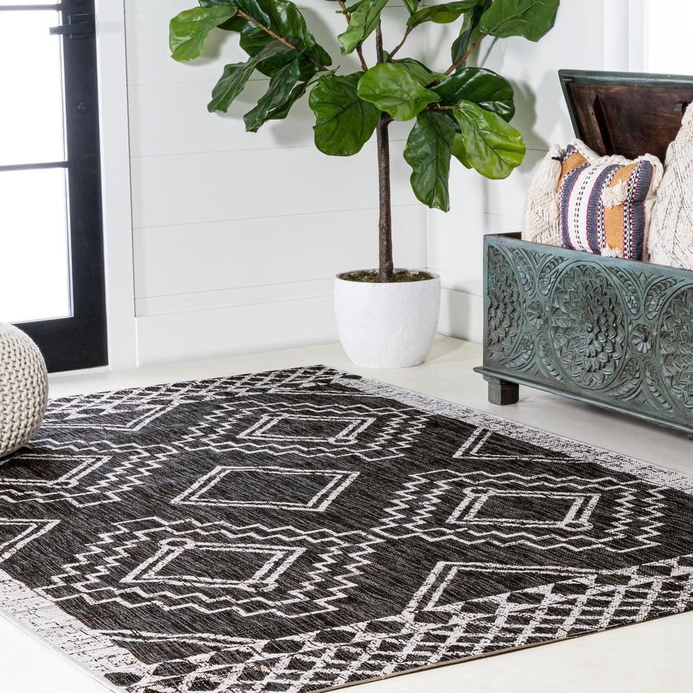 Marokko Black and Ivory Geometric Indoor/Outdoor Rug