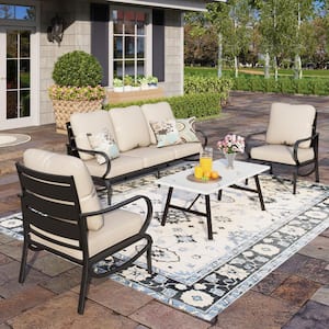 Metal Slatted 5 Seat 4-Piece Steel Outdoor Patio Conversation Set With Beige Cushions and Table With Marble Pattern Top