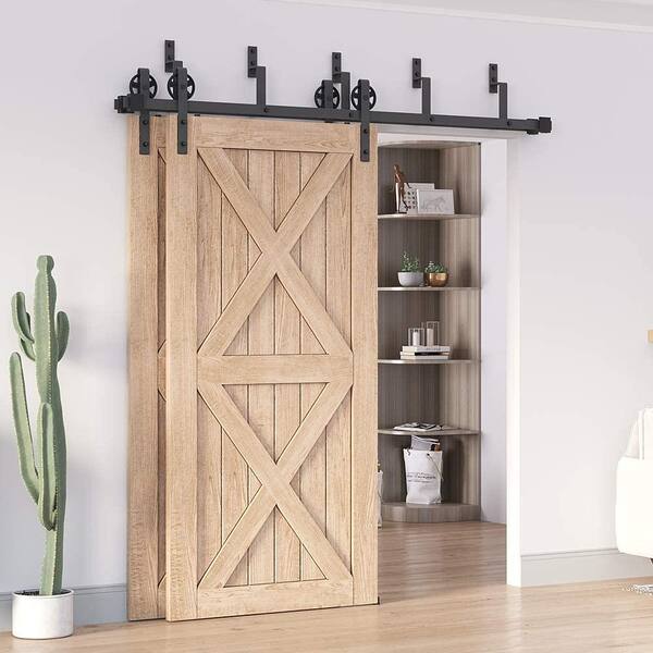 9 ft./108 in. Black Sliding Bypass Barn Door Hardware Track Kit for Double Doors with Non-Routed Floor Guide