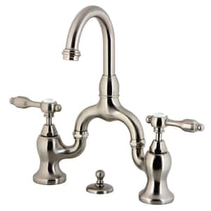 Tudor 2-Handle High Arc 8 in. Bridge Bathroom Faucets with Brass Pop-Up in Brushed Nickel