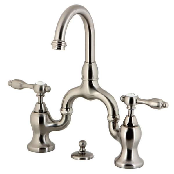 Kingston Brass Tudor 2-Handle High Arc 8 in. Bridge Bathroom Faucets with Brass Pop-Up in Brushed Nickel