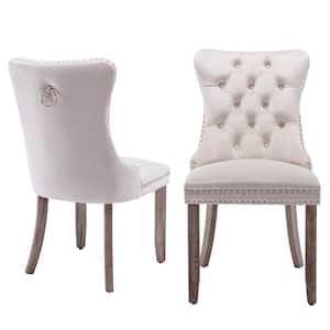 High-end Beige Tufted Contemporary velvet Nailhead Trim Upholstered Dining Chair with Wood Legs (Set of 2)