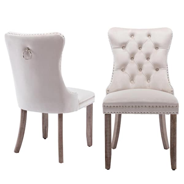 Unbranded High-end Beige Tufted Contemporary velvet Nailhead Trim Upholstered Dining Chair with Wood Legs (Set of 2)