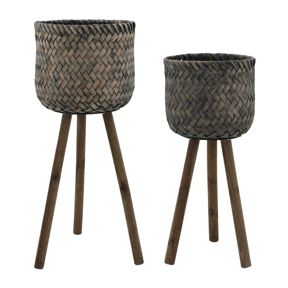 Set of 2 Brown and Black Bamboo Planters with Stands