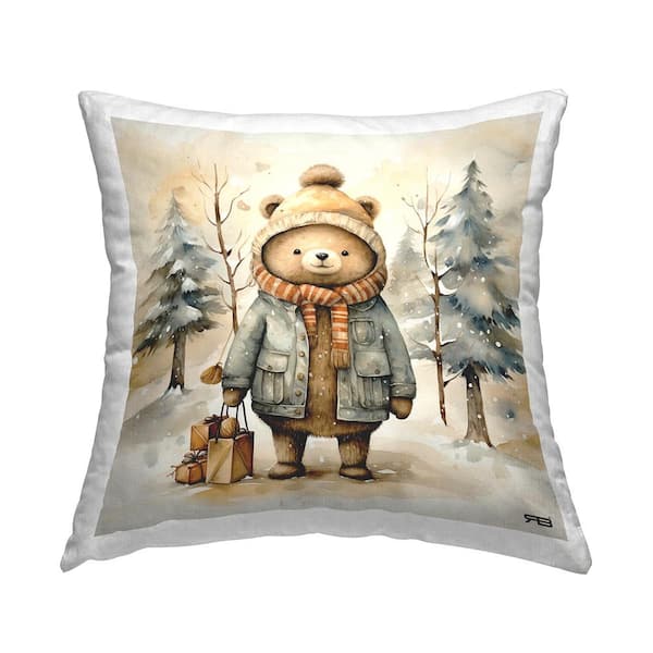 Snowy Landscape and Bear Beige Print Polyester 18in. X 18in. Throw Pillow