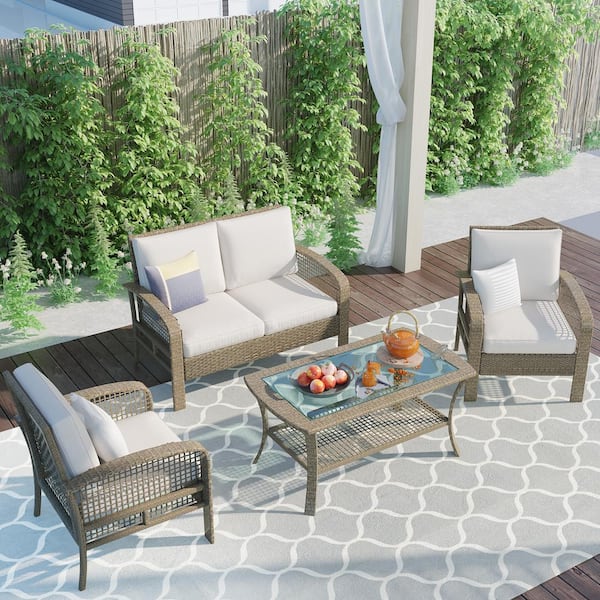 Harper & Bright Designs Beige Brown 4-Piece Wicker Outdoor Sectional Set with Beige Cushions