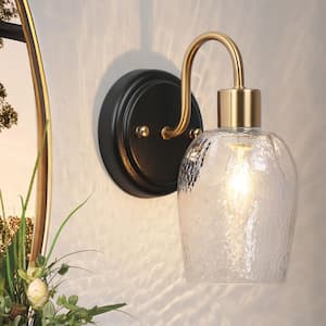Modern 4.7 in. 1-Light Brass Gold Bathroom Vanity Lighting, Black Wall Sconce, Indoor Wall Light with Bell Hammer Glass