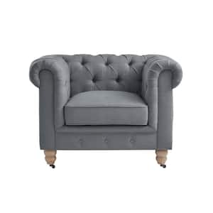 Macey Dark Grey Club Chair Button Tufted Linen 42 L x 33.5 W x 30.3 H