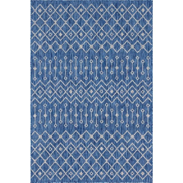 Unique Loom Azure Blue/Gray Tribal Trellis Outdoor 6 ft. x 9 ft. Area Rug