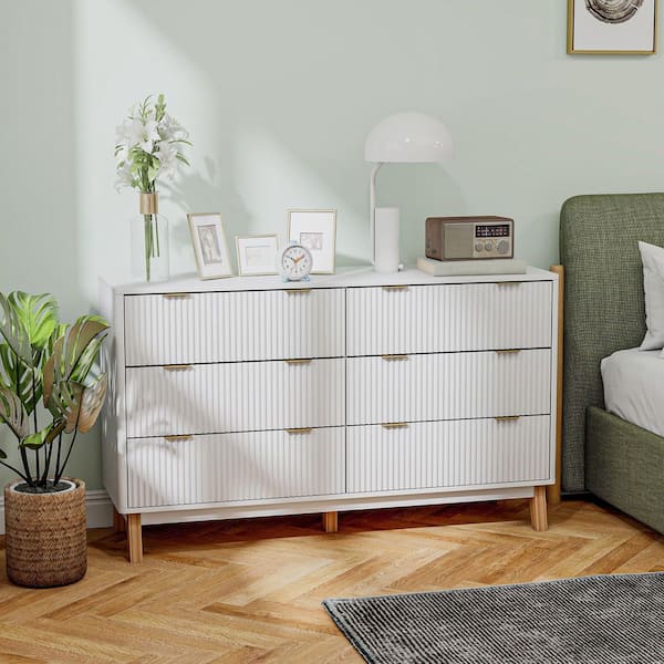 HOMCOM Fluted Dresser for Bedroom with 6-Drawers, 54 in. Wide Chest of Drawers with Gold Finger Pulls and 5-Wood Legs, White 831-974V80WT HOMCOM Fluted Dresser for Bedroom with 6-Drawers, 54 in. Wide Chest of Drawers with Gold Finger Pulls and 5-Wood Legs, White 831-974V80WT