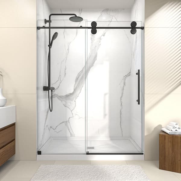 Valora 48 in. W x 76 in. H Single Sliding Frameless Shower Door in Matte Black with SGCC 5/16 in. Tempered Clear Glass