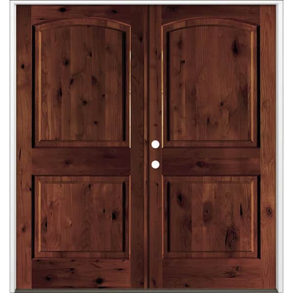 60 in. x 80 in. Rustic Knotty Alder 2-Panel Arch-Top Active Right Double BEHR Red Mahogany Stain Wood Prehung Front Door