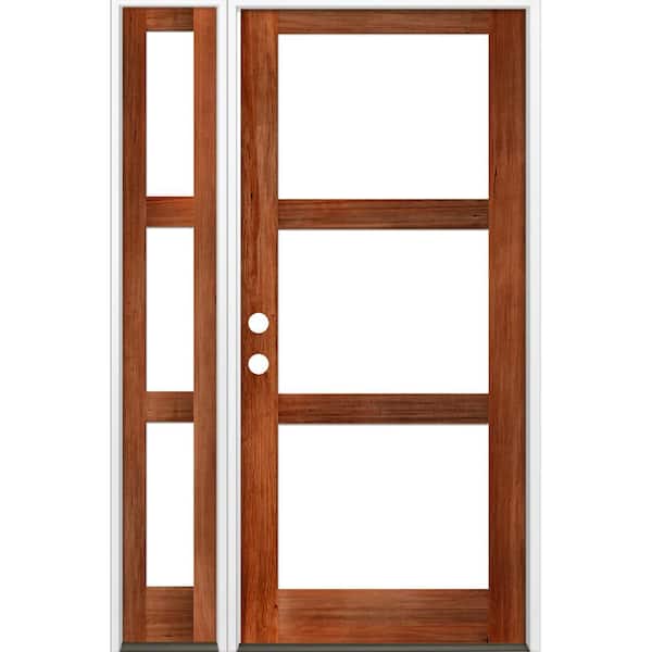 Krosswood Doors 56 in. x 96 in. Modern Hemlock Right-Hand/Inswing 3-Lite Clear Glass Red Chestnut Stain Wood Prehung Front Door with LSL