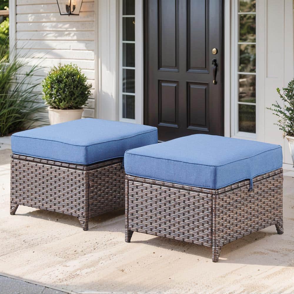 Opohoro LittleRock Metal and Brown Wicker Outdoor Ottoman with Olefin Navy Blue Family Cushion ...