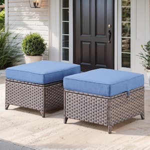 SlideArm Metal and Brown Wicker Outdoor Ottoman with Olefin Navy Blue Cushion (2-Pack)