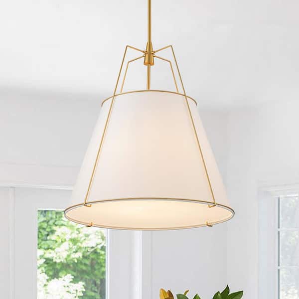 Haven Modern Farmhouse 4-Light Brass Frame Pendant Light with White Fabric Shade for Hallway or Kitchen